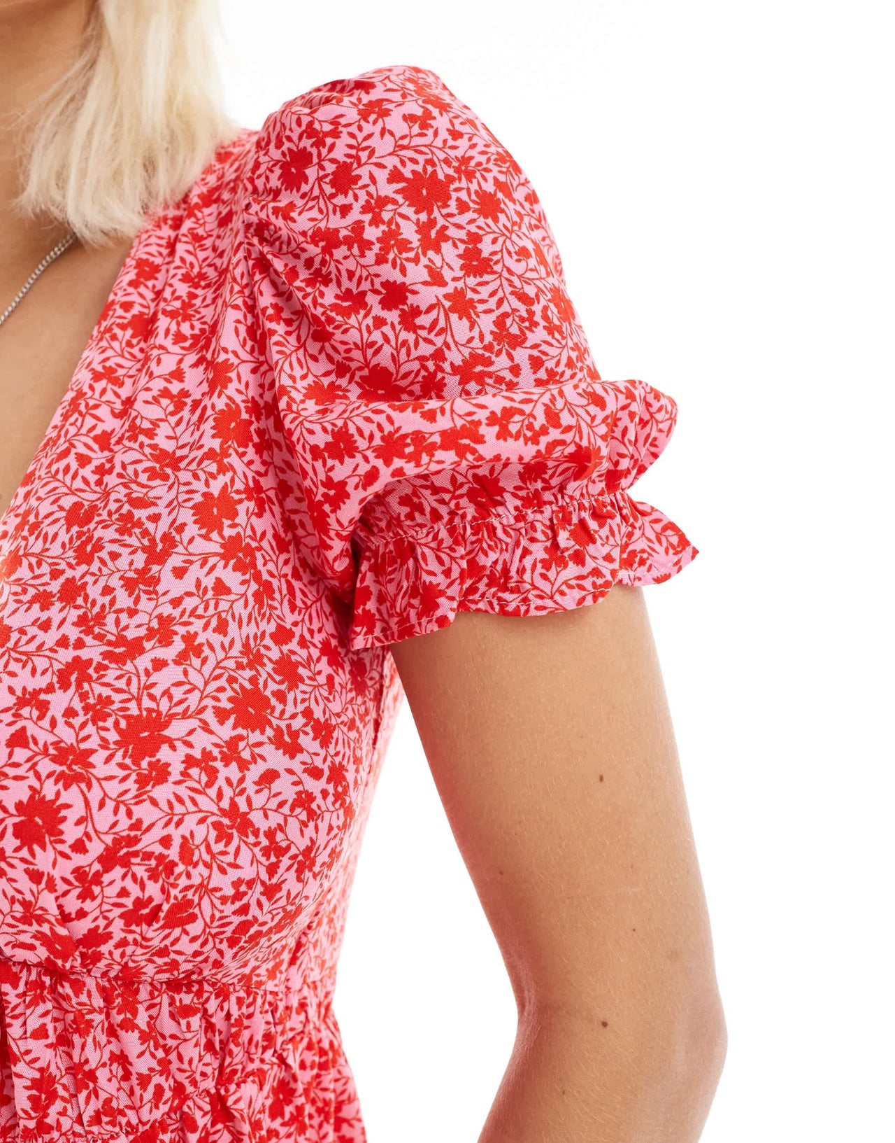 Monki mini smock dress with puff sleeves in pink ditsy floral print