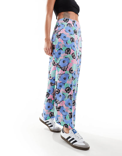 Monki wrap front midi skirt in multi artsy pastel flowers print