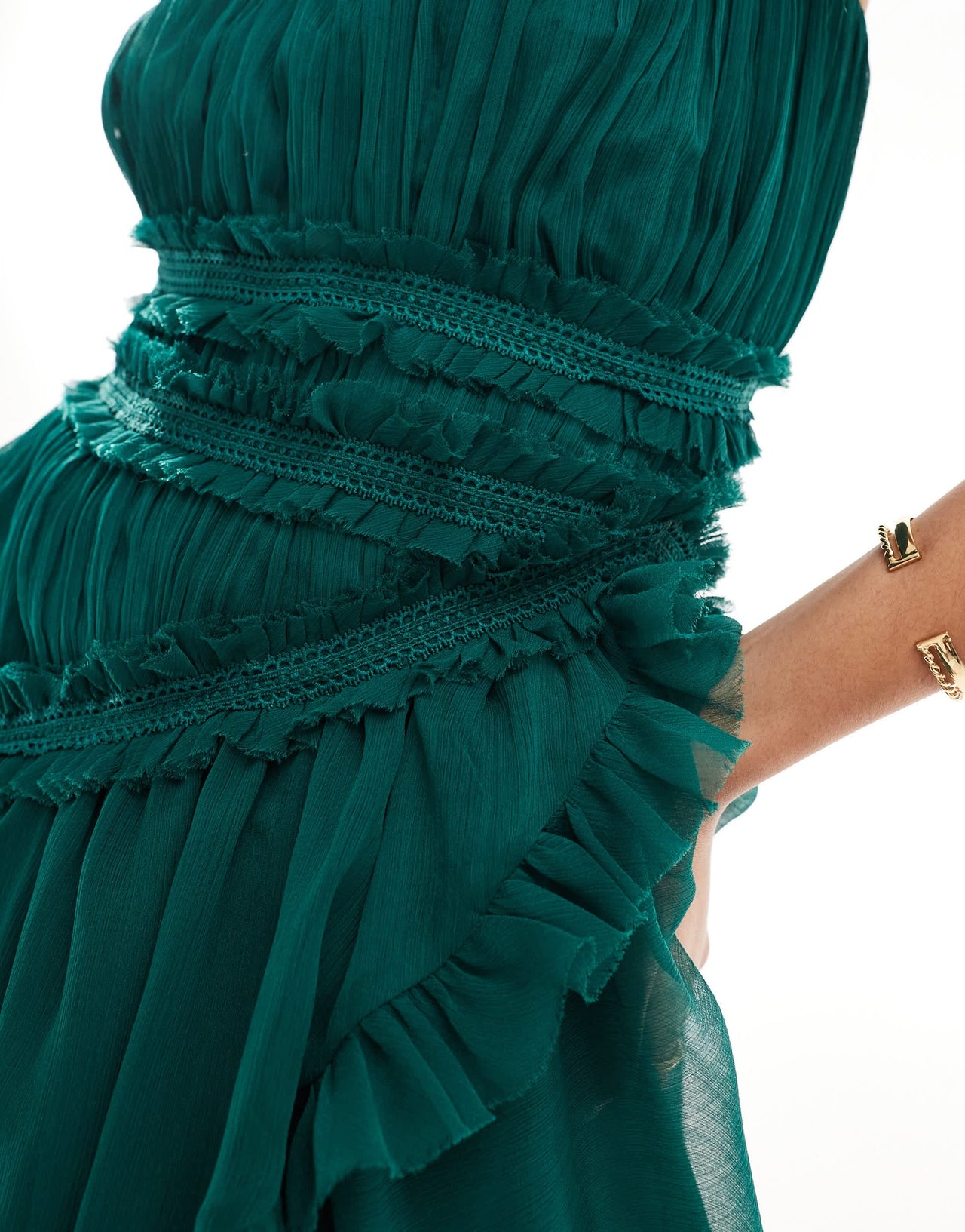 ASOS DESIGN bandeau  asymmetric frill detail mini dress in dark green