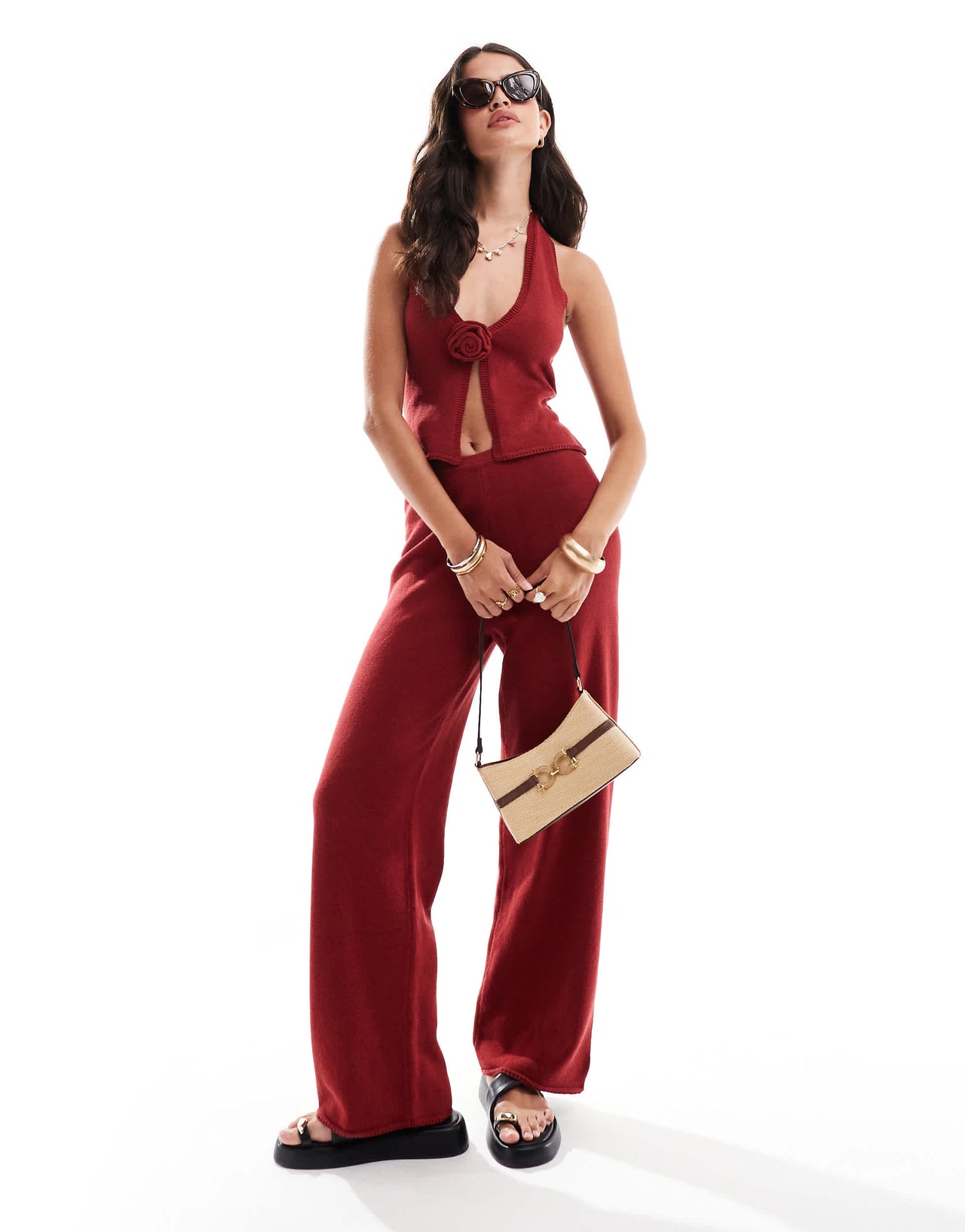 4th & Reckless maribel fine gauge knit trouser co-ord in red