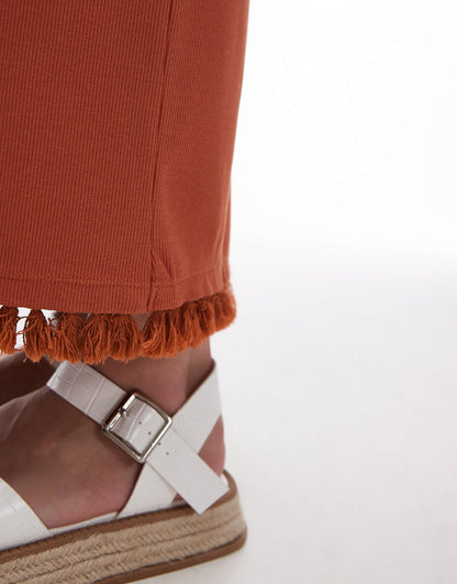 Topshop tassel hem midi skirt in rust