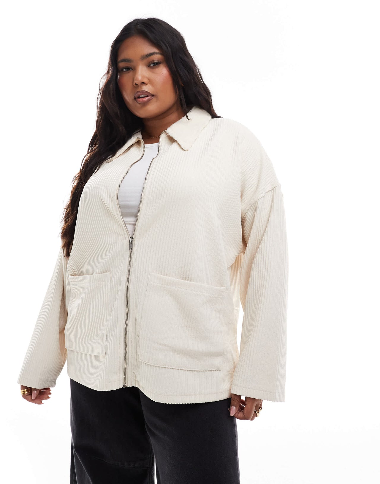 ASOS DESIGN Curve borg collar zip through in cream