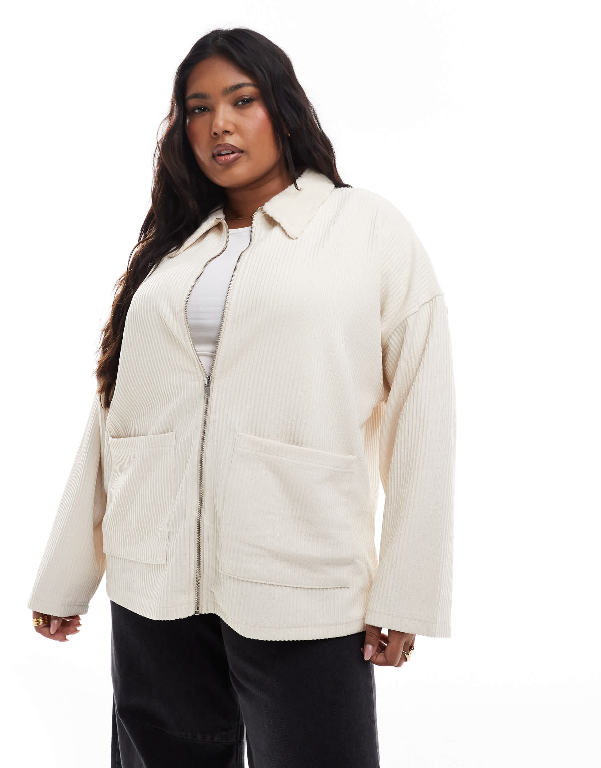 ASOS DESIGN Curve borg collar zip through in cream