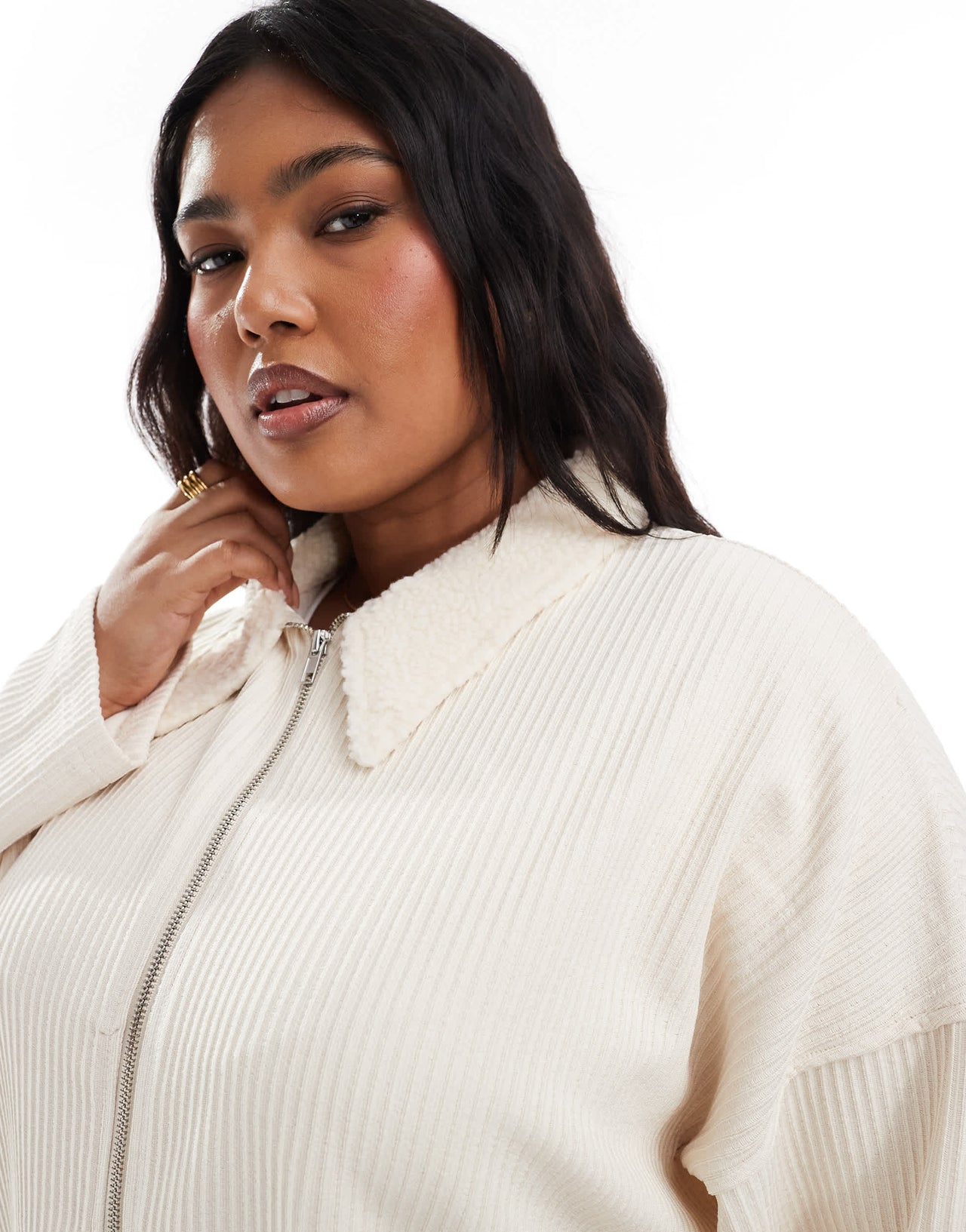 ASOS DESIGN Curve borg collar zip through in cream