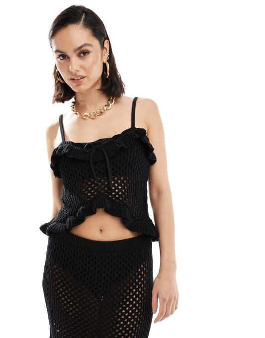 ASOS DESIGN knitted crochet cami top with frill and tie detail in black