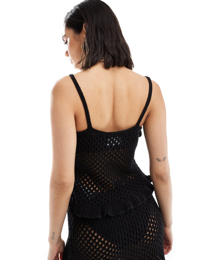 ASOS DESIGN knitted crochet cami top with frill and tie detail in black