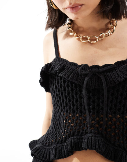 ASOS DESIGN knitted crochet cami top with frill and tie detail in black