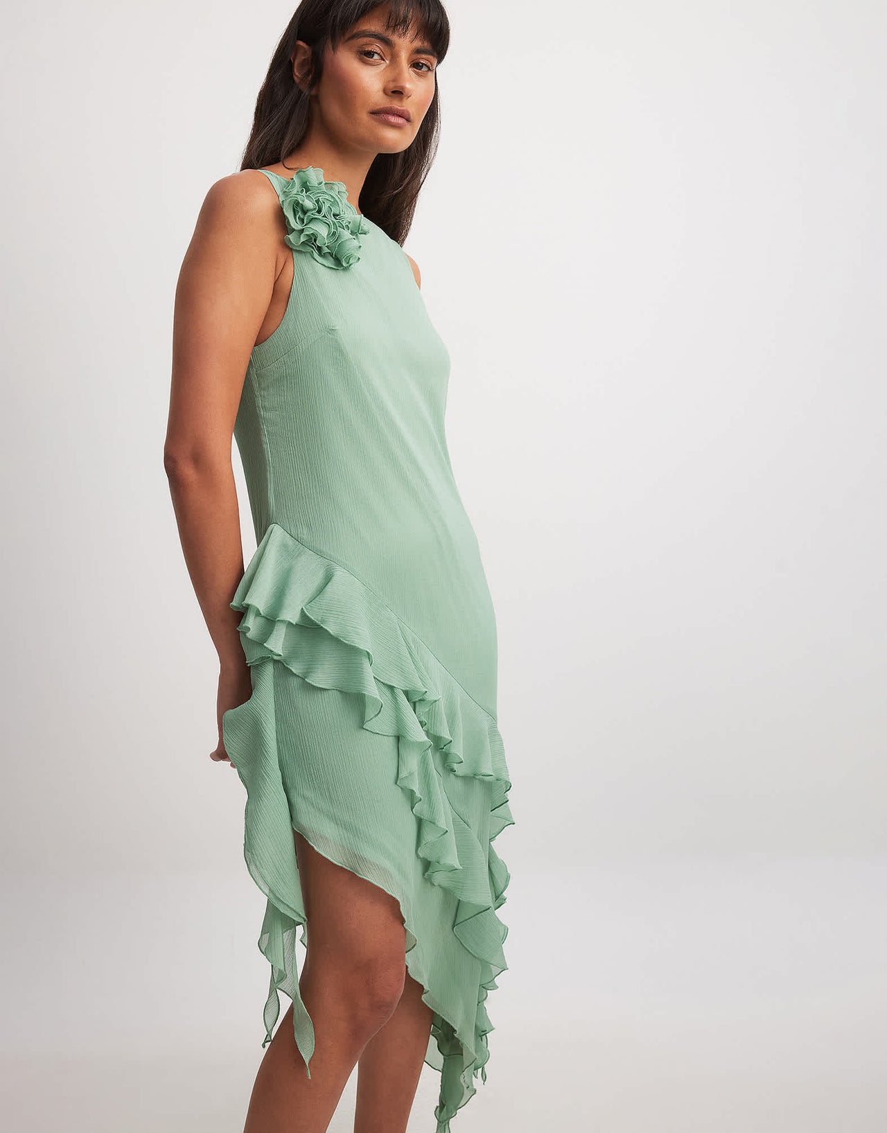 NA-KD chiffon ruffle detial midi dress in green
