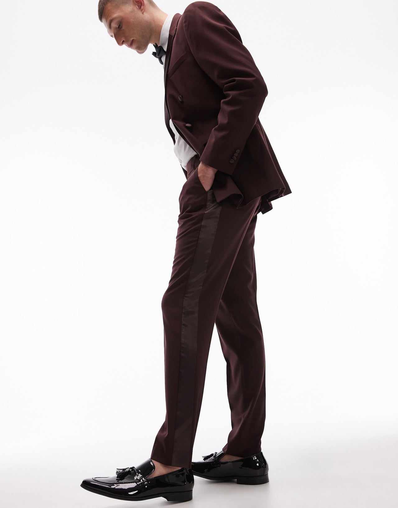 Topman premium slim tux suit trouser in burgundy