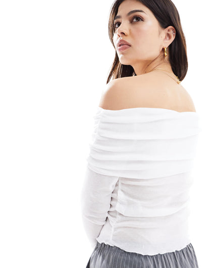 Stradivarius sheer lettuce edge bardot top in white