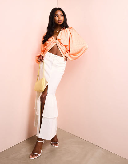 ASOS LUXE satin drape twist front top in polka dot