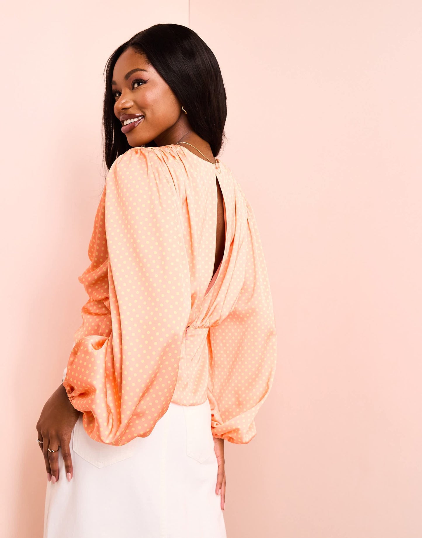 ASOS LUXE satin drape twist front top in polka dot