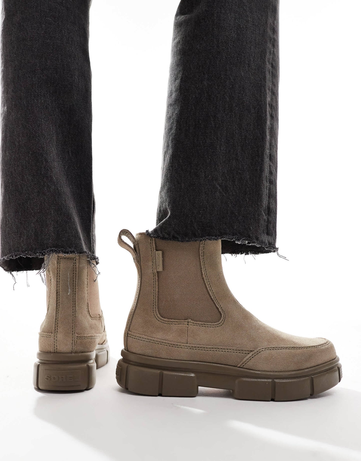 Sorel Explorer STRT suede chelsea boots in omega taupe and wet sand