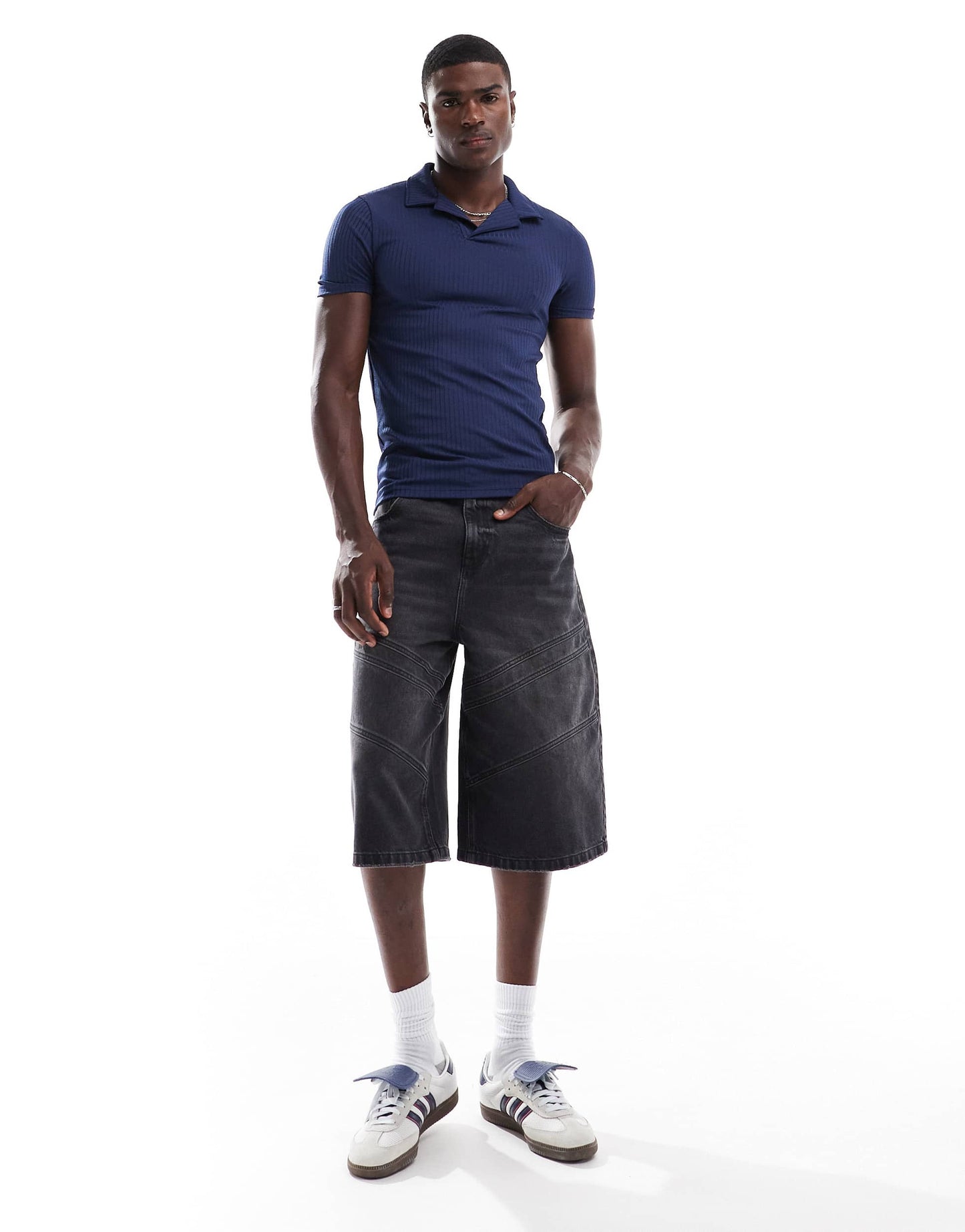 ASOS DESIGN muscle polo in navy textured rib