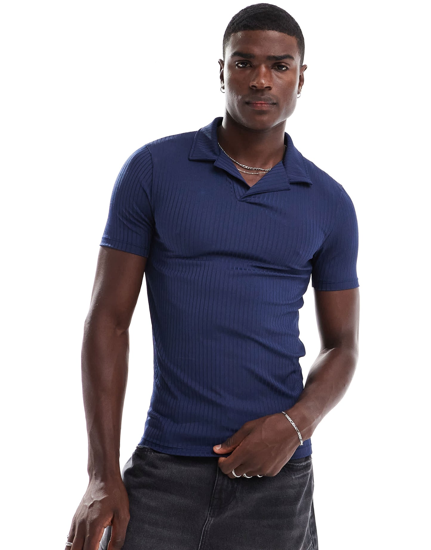 ASOS DESIGN muscle polo in navy textured rib