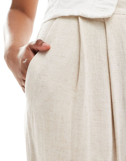 ASOS DESIGN tailored wide leg trousers with pleat detail in linen blend in natural