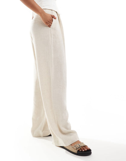 ASOS DESIGN tailored wide leg trousers with pleat detail in linen blend in natural