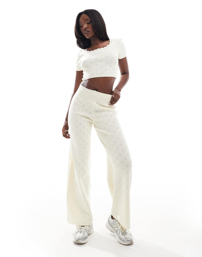 Fashionkilla pointelle foldover waist wide leg trouser co-ord in ivory