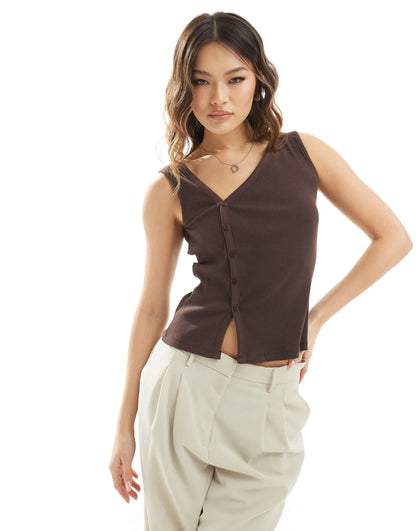 ASOS DESIGN asymmetrical button through top in chocolate