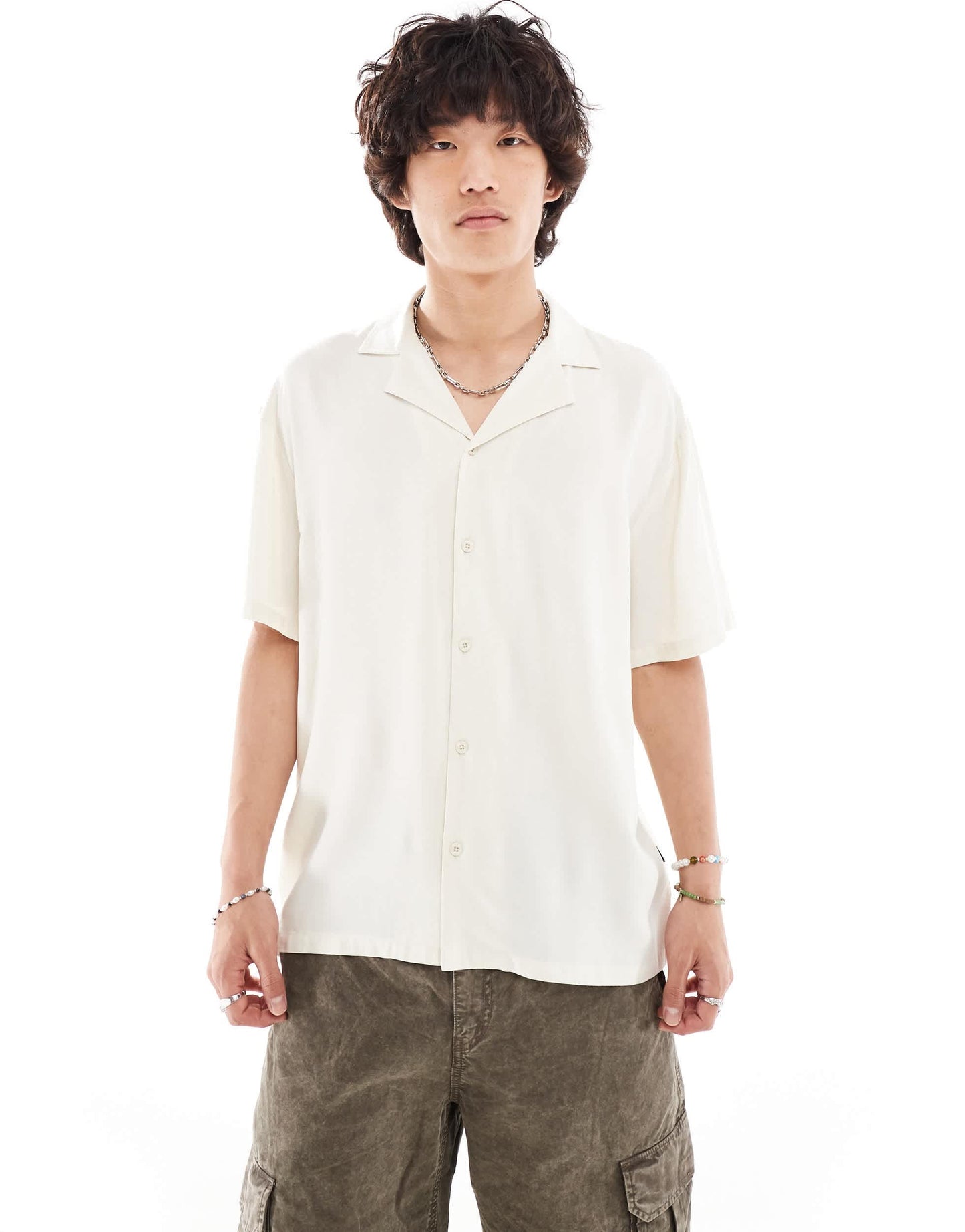 Dr Denim Madi short sleeve relaxed fit summer shirt with world back graphic print in ecru exclusive to ASOS