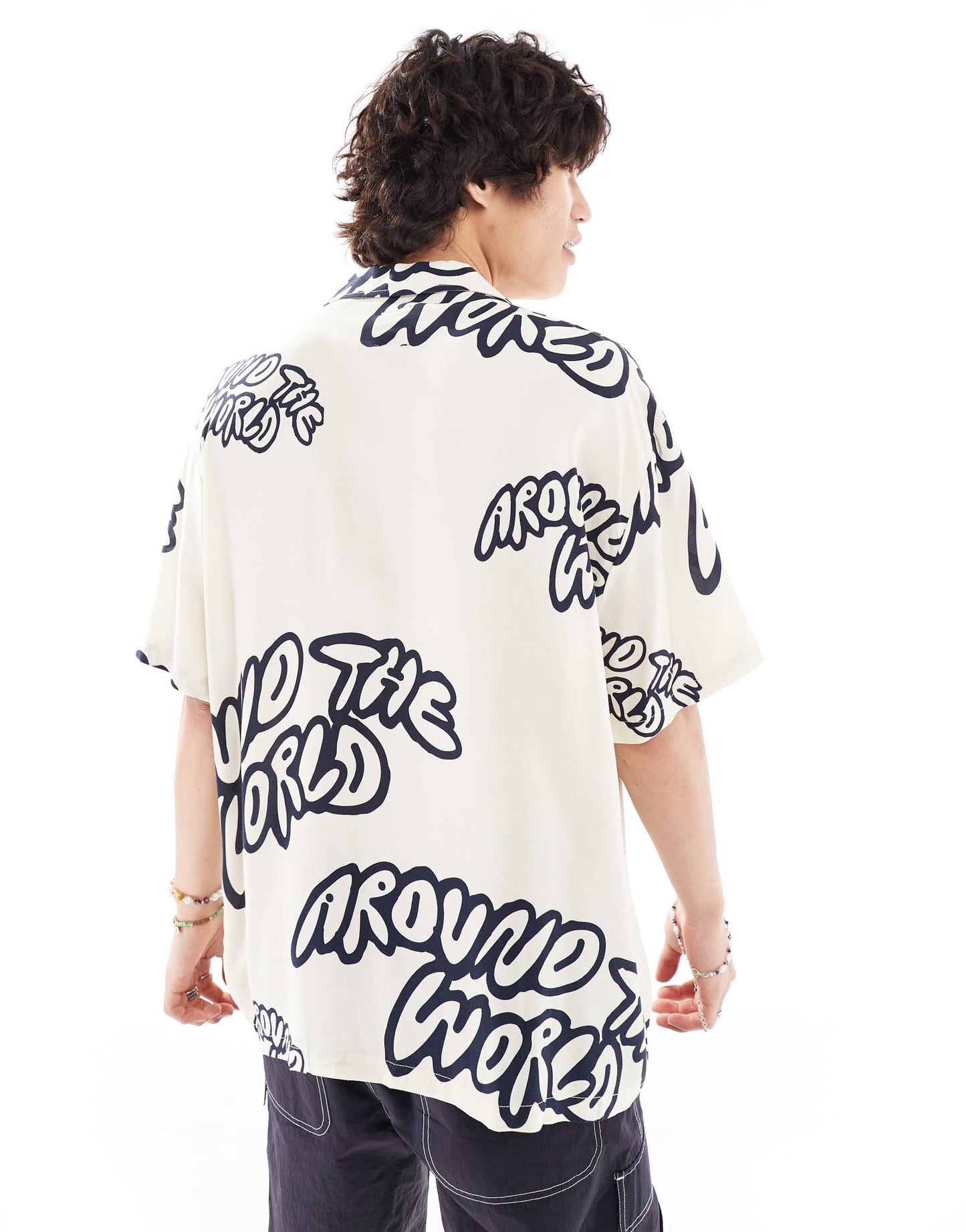 Dr Denim Madi short sleeve relaxed fit summer shirt with navy graphics in ecru exclusive to ASOS