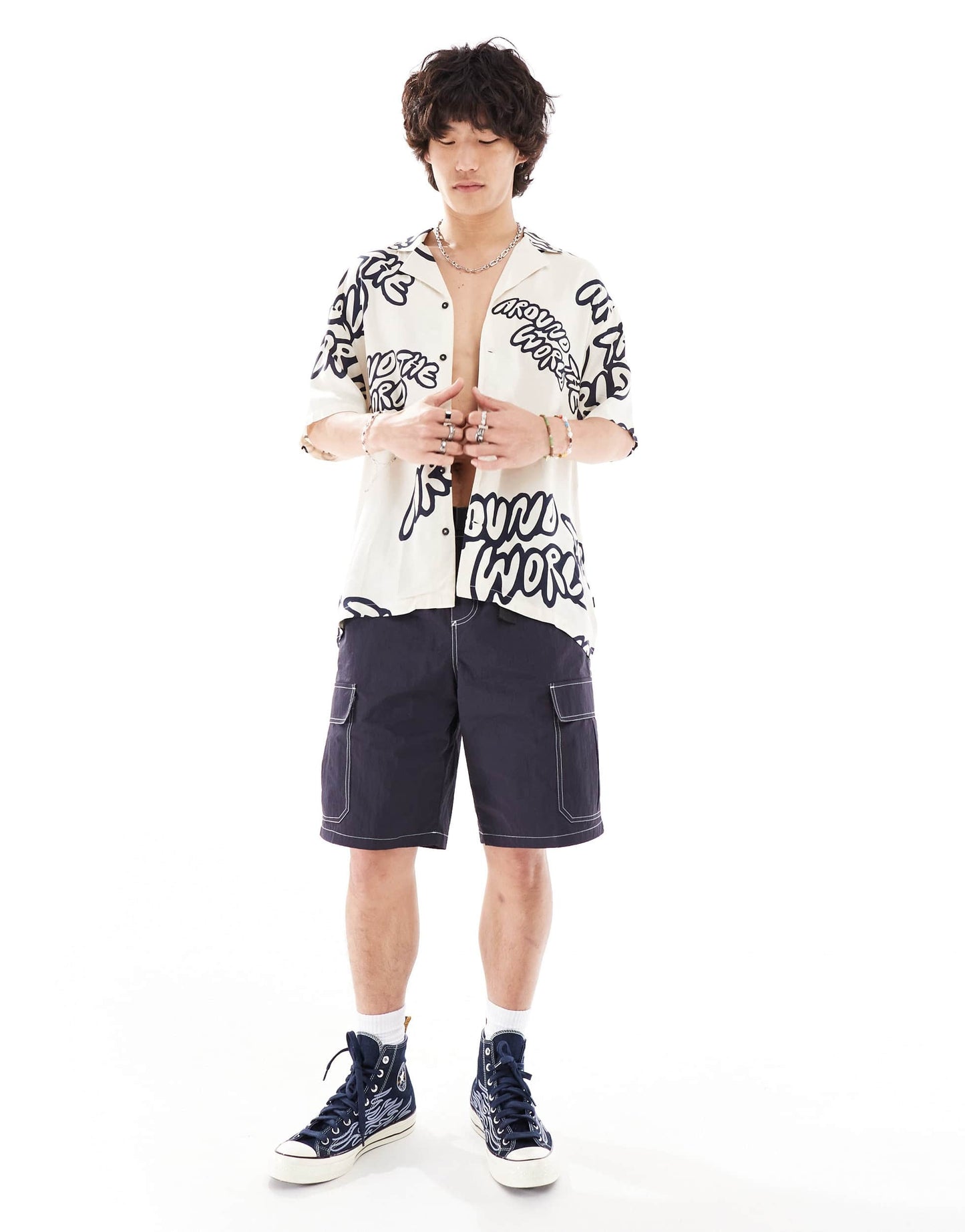 Dr Denim Madi short sleeve relaxed fit summer shirt with navy graphics in ecru exclusive to ASOS