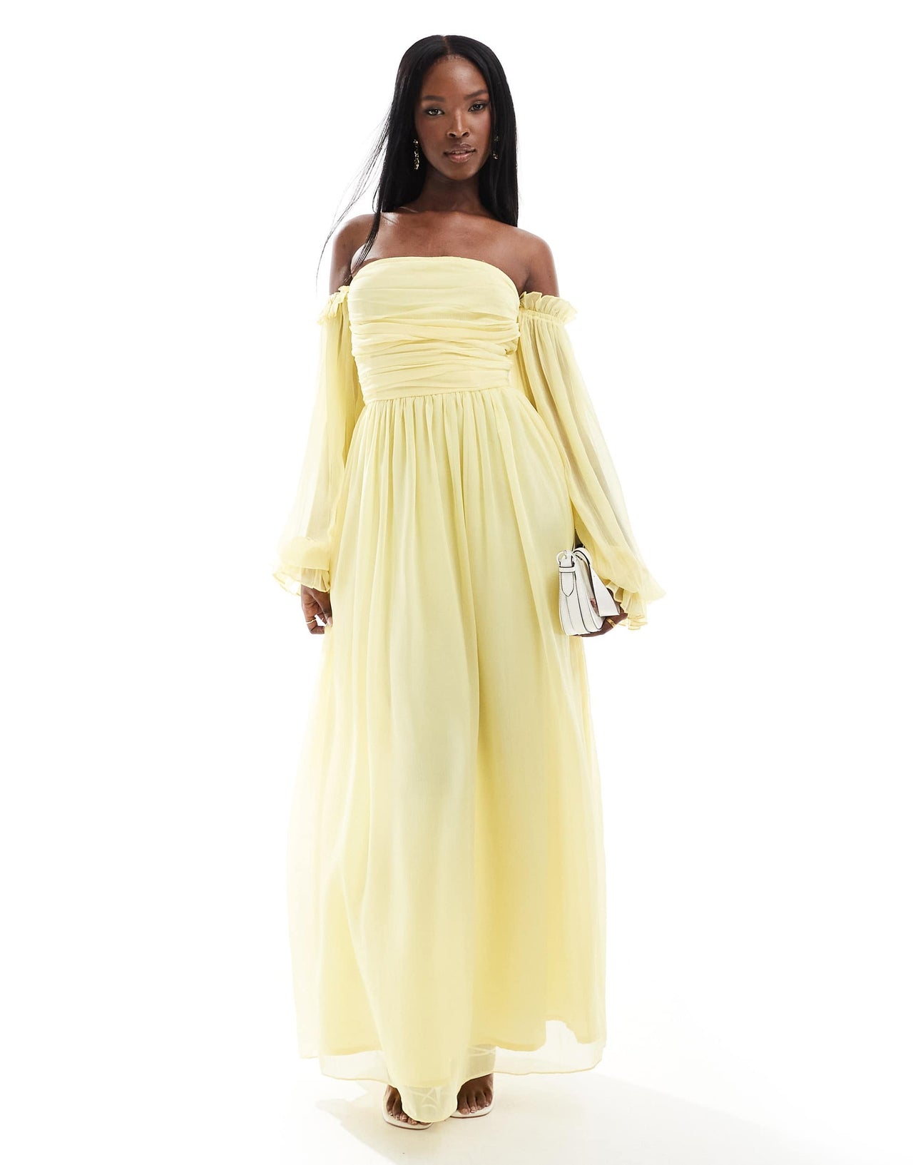 Lace & Beads ruched balloon maxi dress in lemon