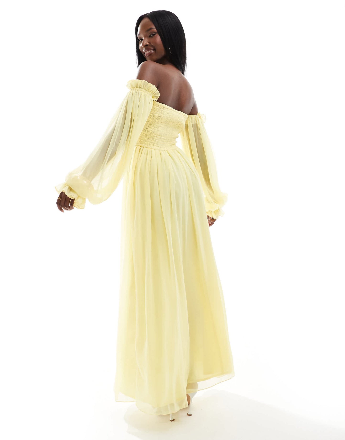 Lace & Beads ruched balloon maxi dress in lemon