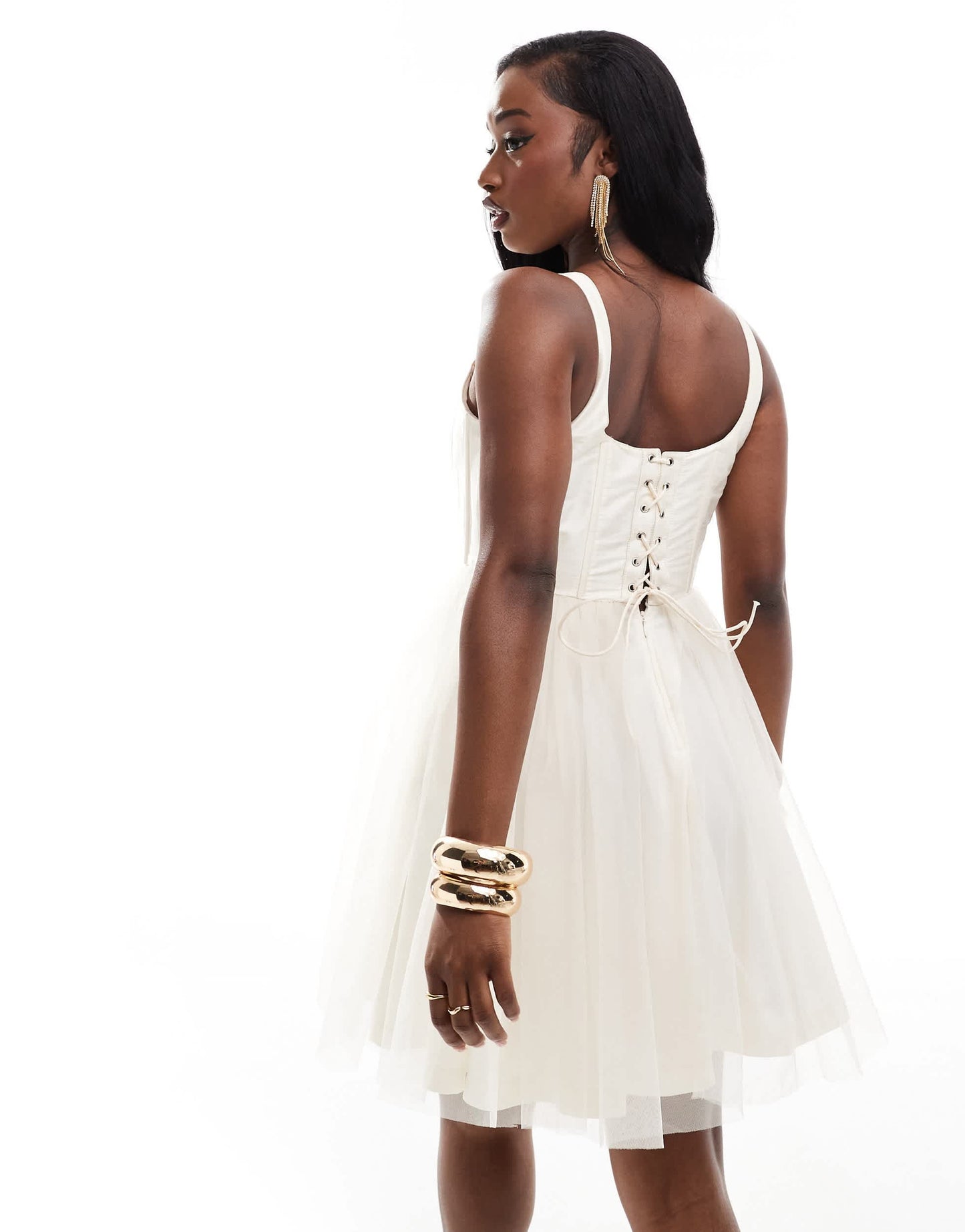 Lace & Beads corset drop waist tulle mini dress in buttercream