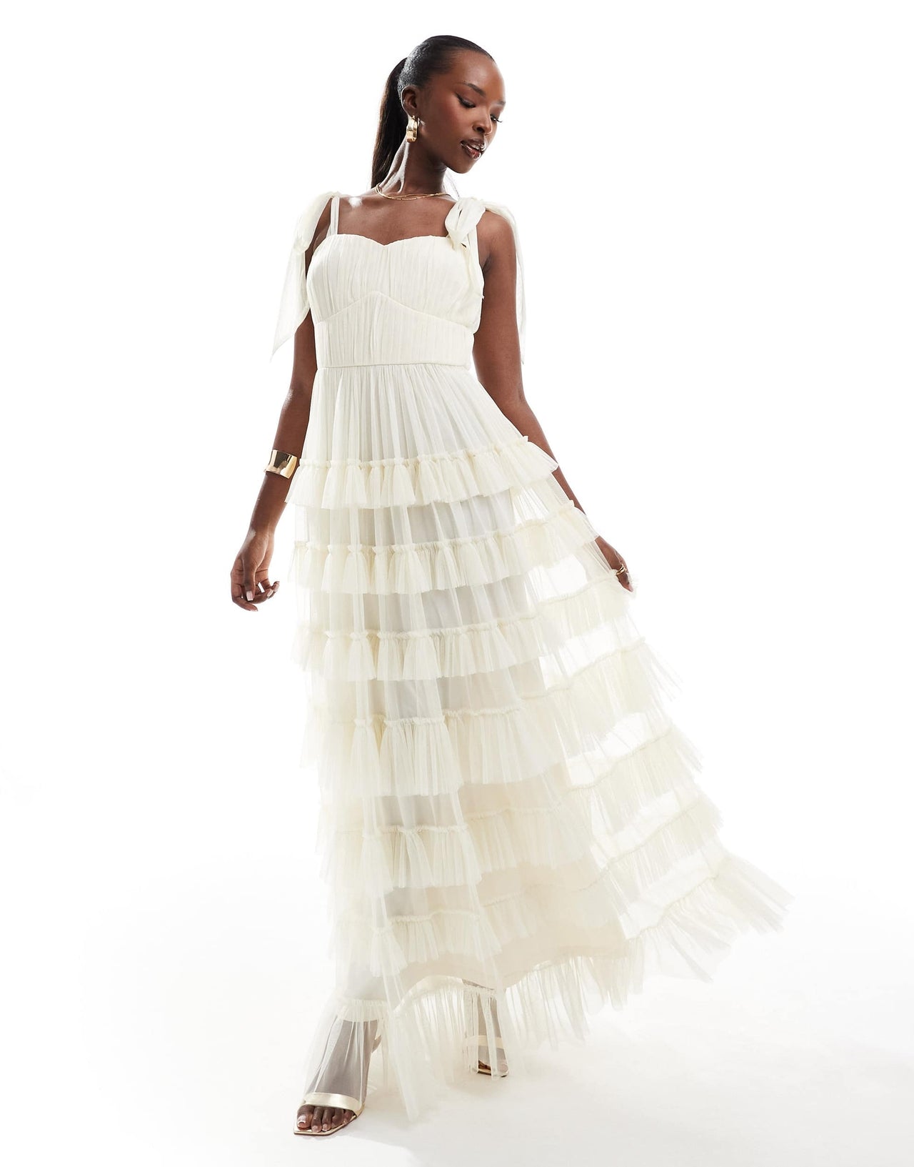 Lace & Beads bow ruffle midaxi dress in vintage cream