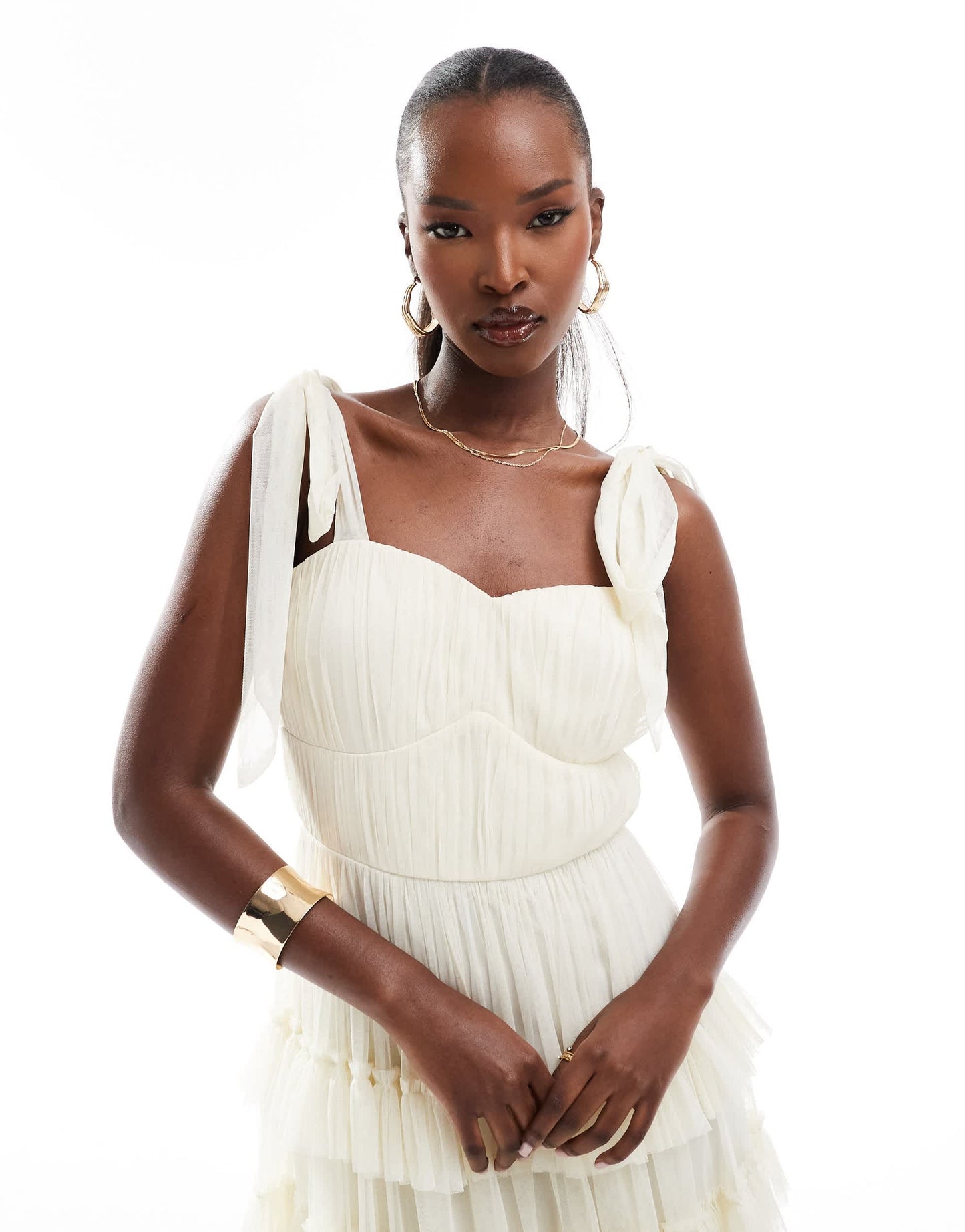 Lace & Beads bow ruffle midaxi dress in vintage cream