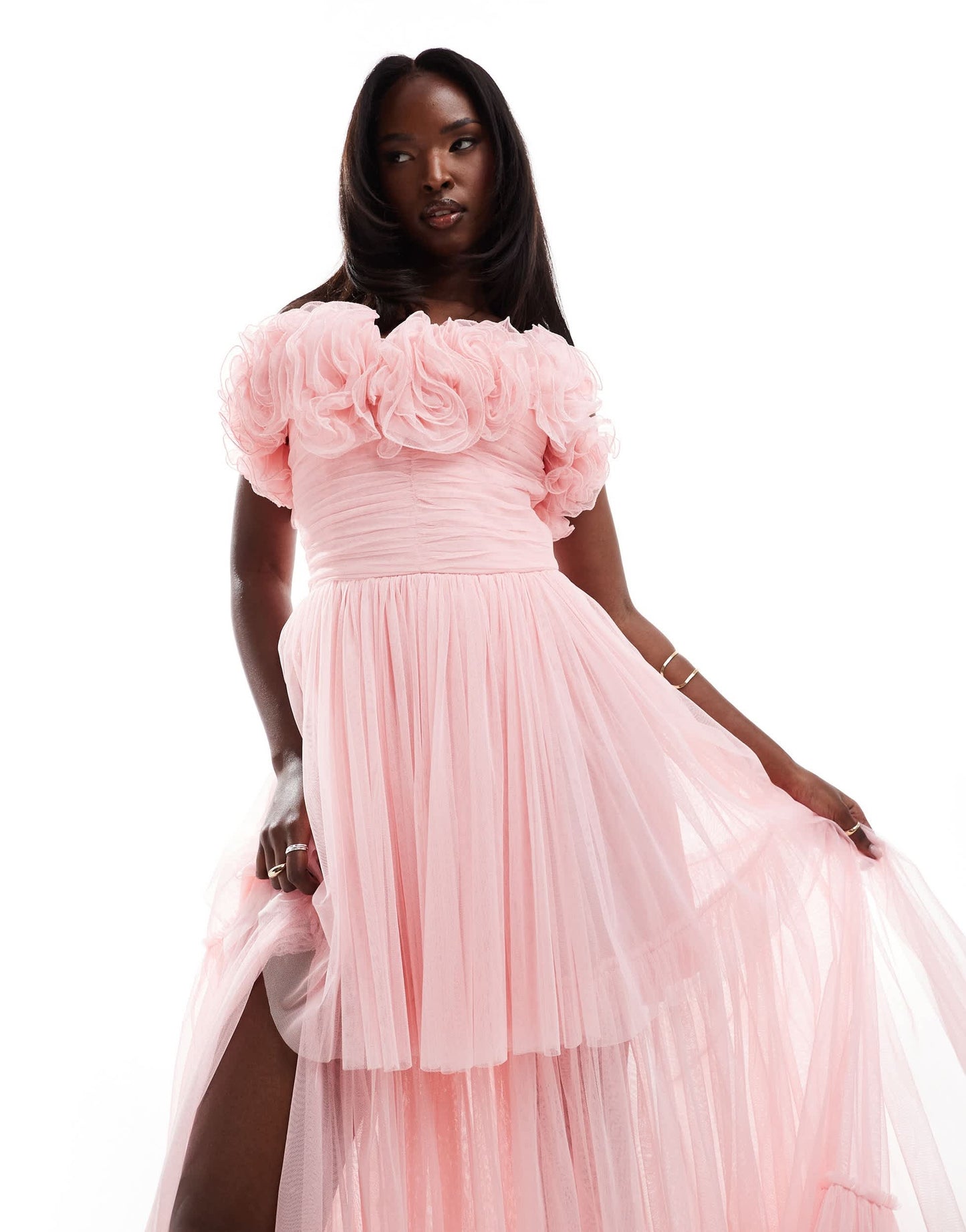 Lace & Beads corsage tulle maxi dress in powder pink