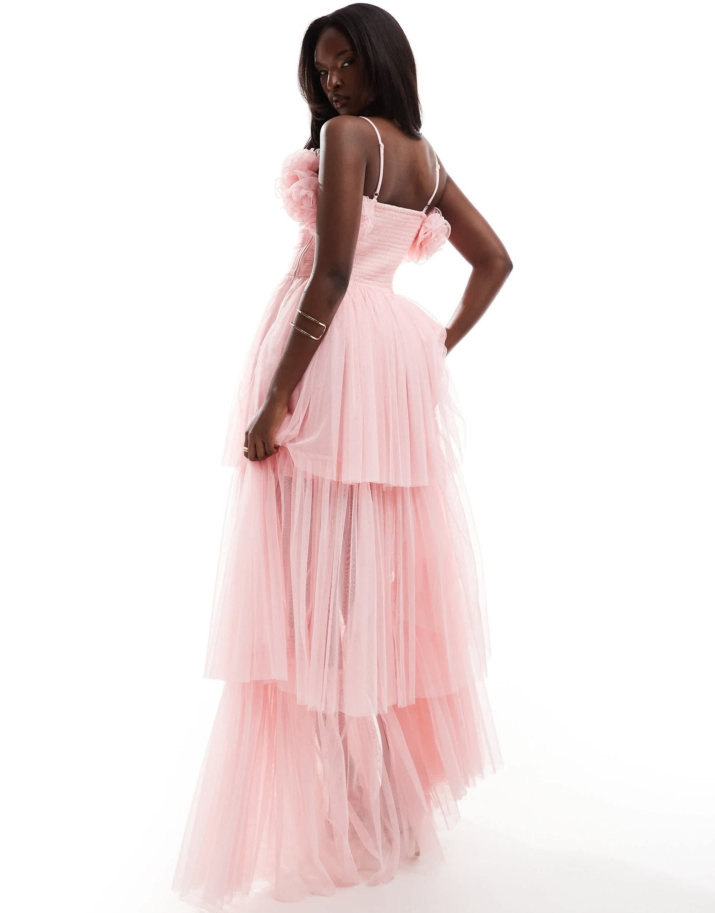 Lace & Beads corsage tulle maxi dress in powder pink