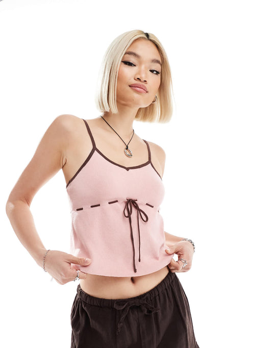 Daisy Street knitted contrast cami top in pink