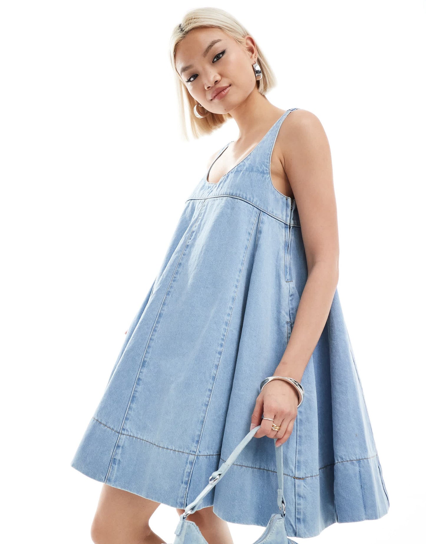Daisy Street scoop neck flared babydoll mini dress in blue denim