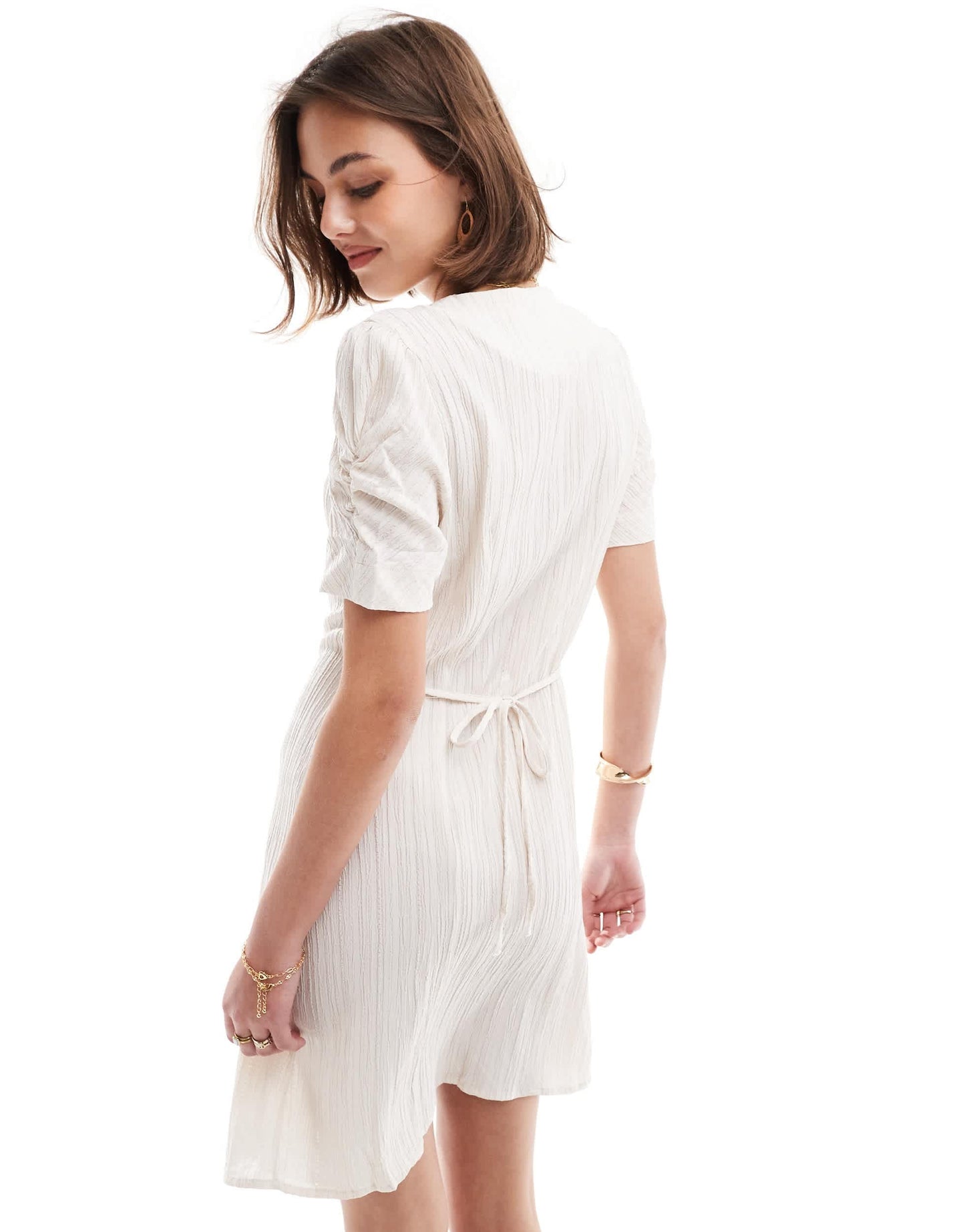 Object textured buttondown mini dress in off white