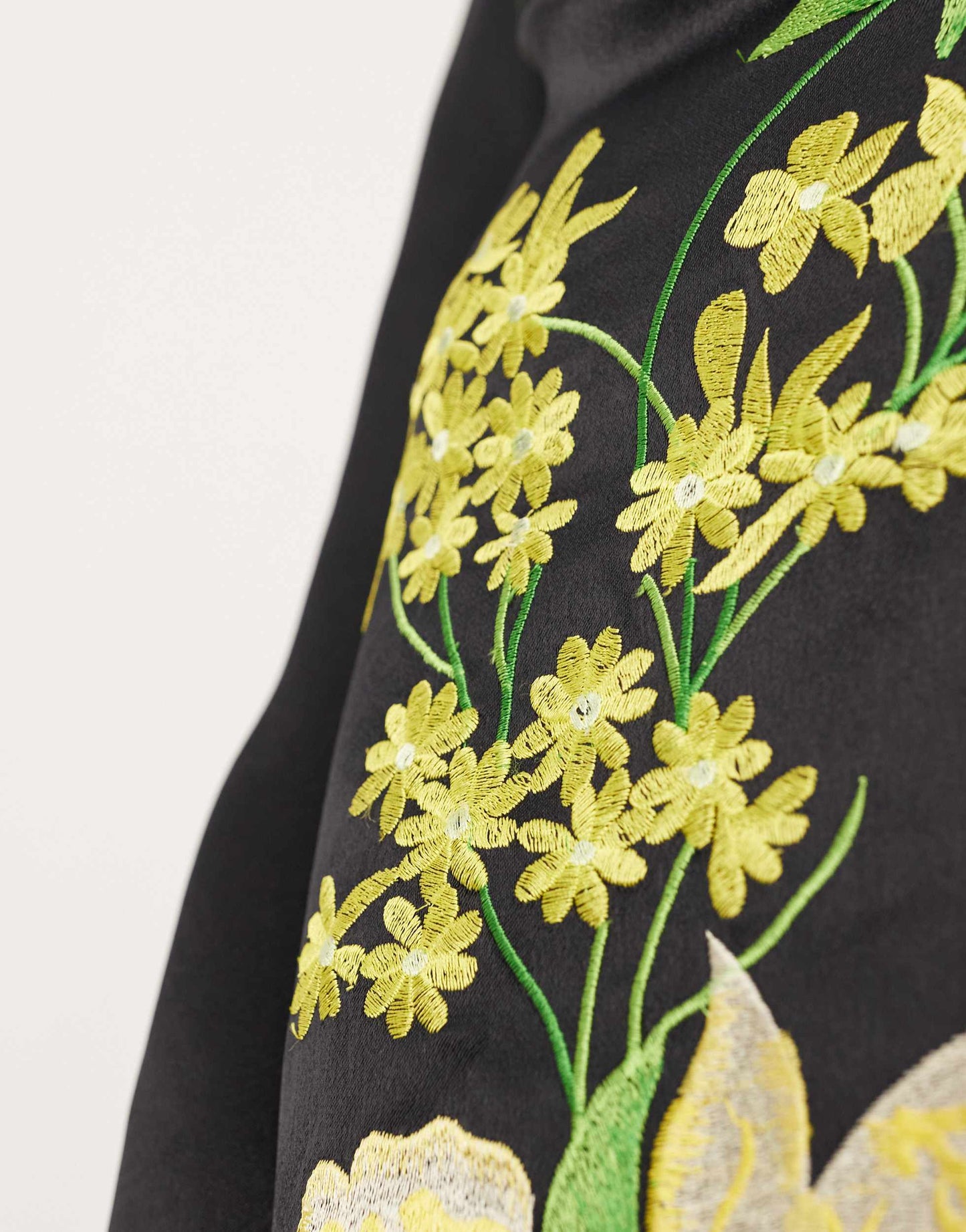 ASOS EDITION satin floral embroidered off shoulder long sleeve mini dress in black