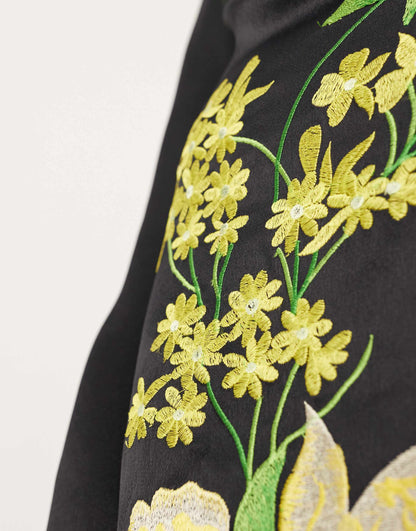 ASOS EDITION satin floral embroidered off shoulder long sleeve mini dress in black