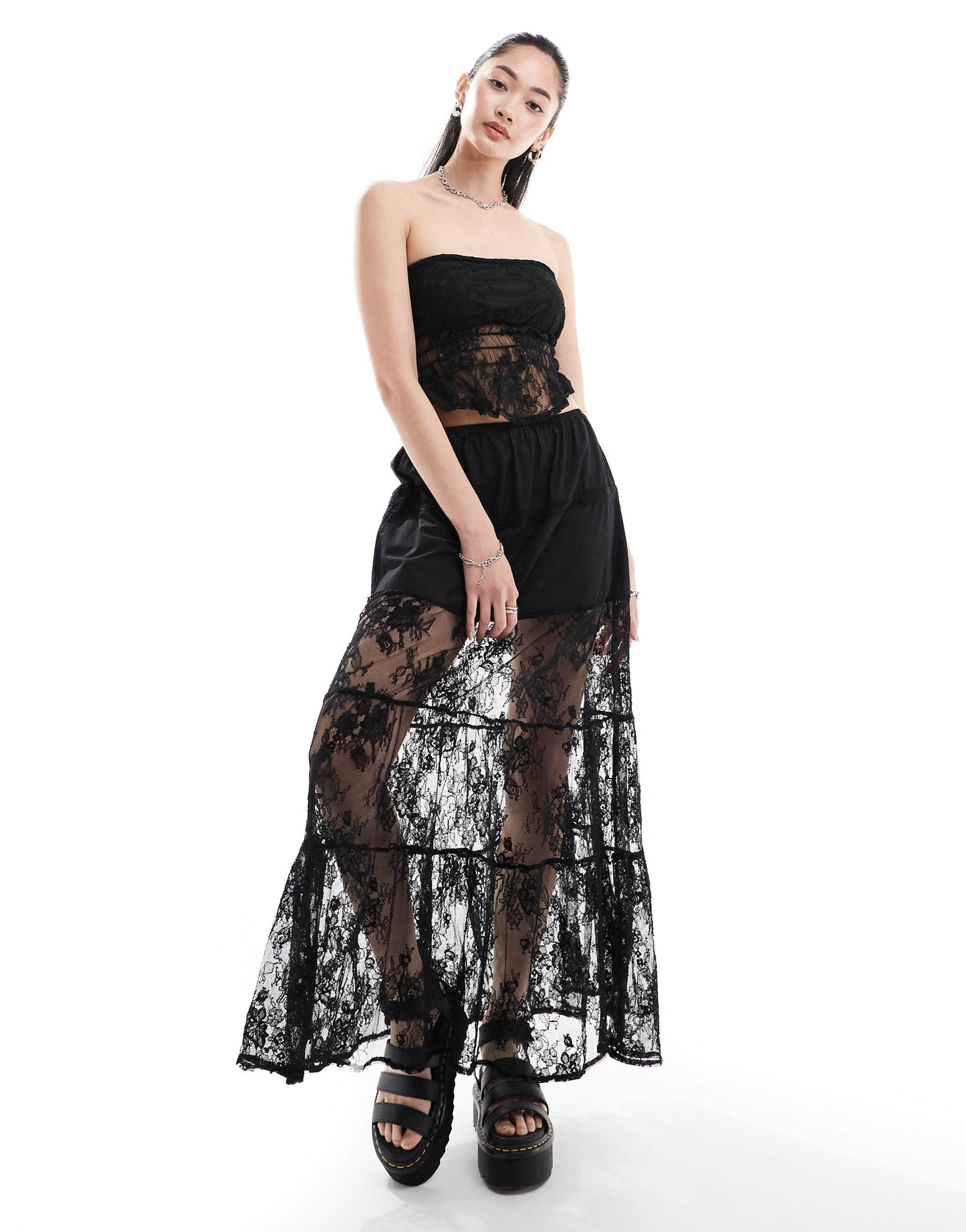 Daisy Street bandeau crop top co-ord in black lace