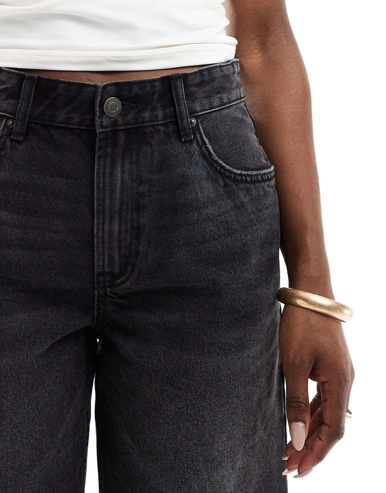 Bershka high waisted raw hem longline denim shorts in washed black