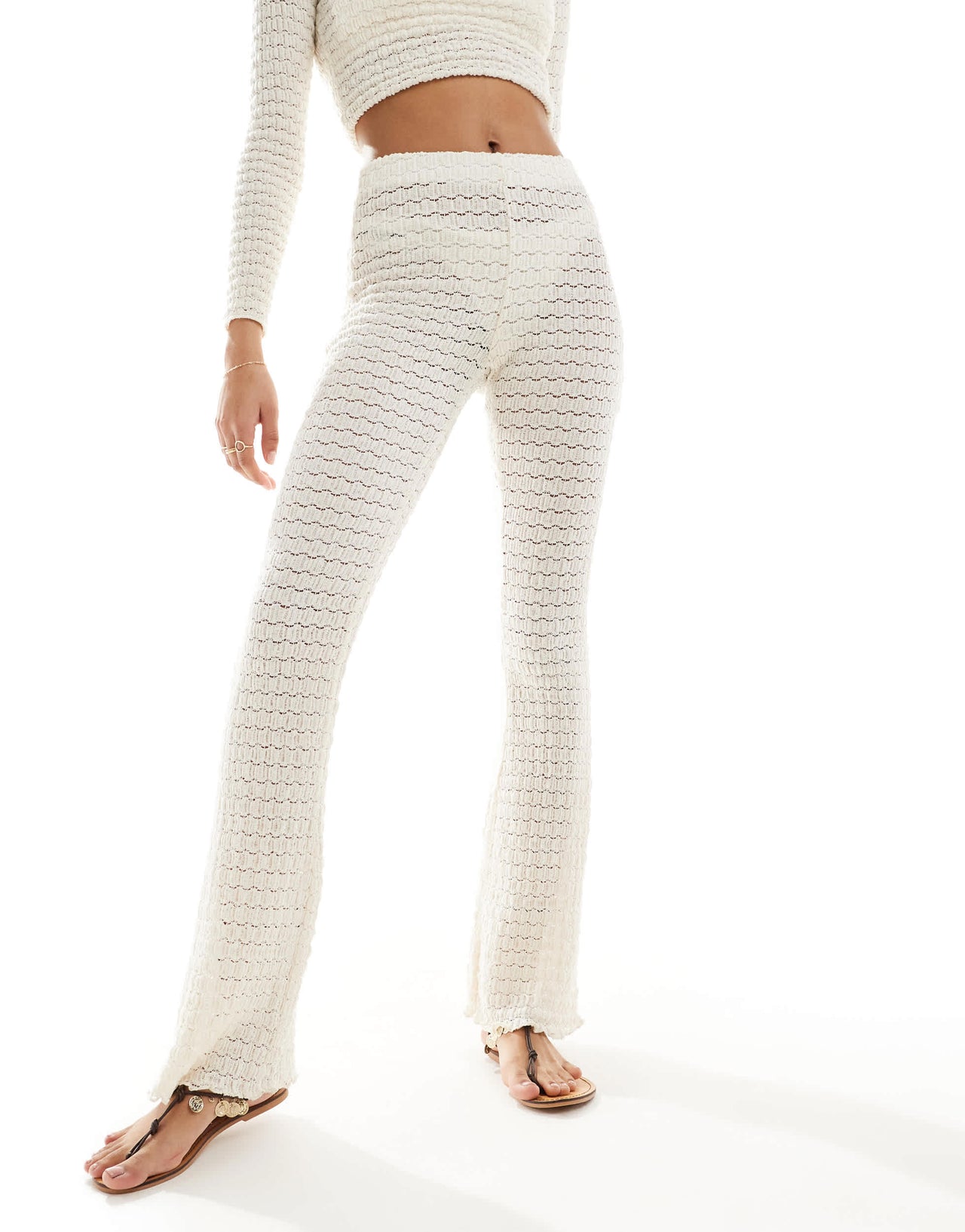 Bershka crochet wide leg trousers co-ord in ecru