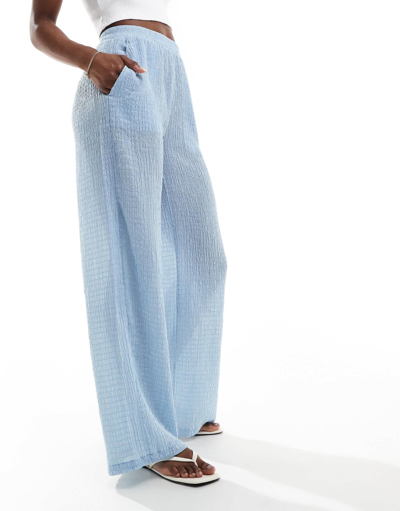 Bershka crinkle wide leg trousers in blue
