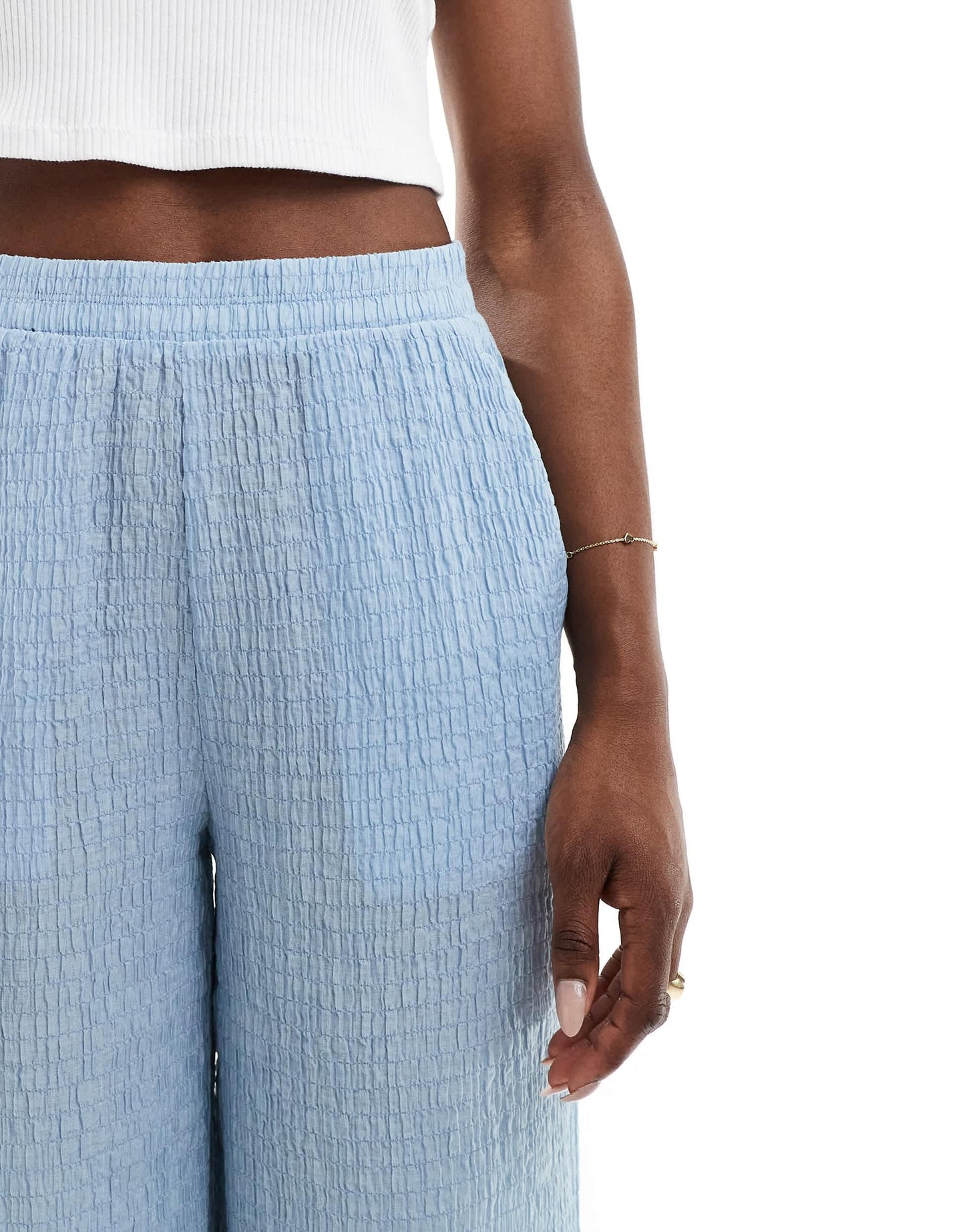 Bershka crinkle wide leg trousers in blue