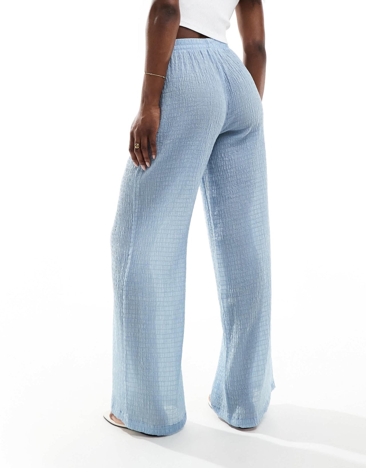 Bershka crinkle wide leg trousers in blue
