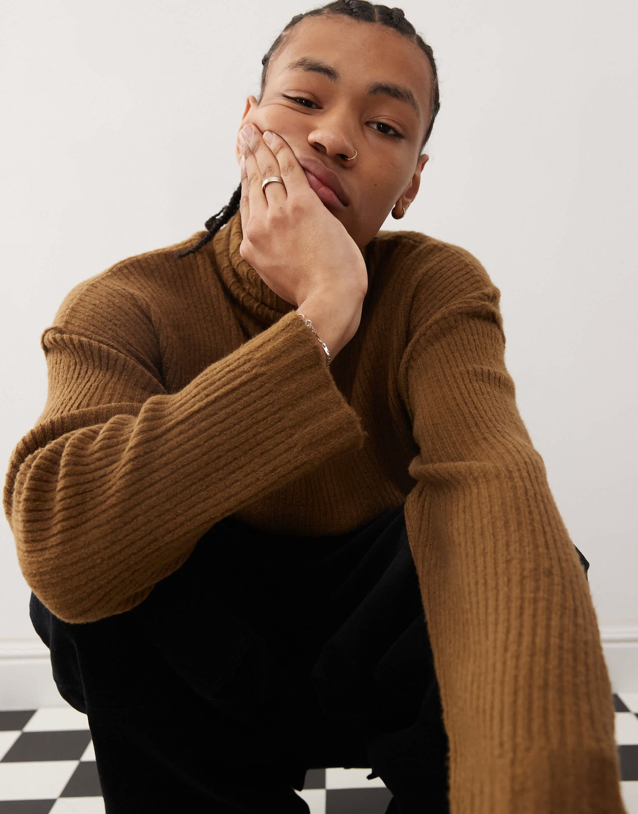 COLLUSION oversized heavy weight roll neck jumper in brown