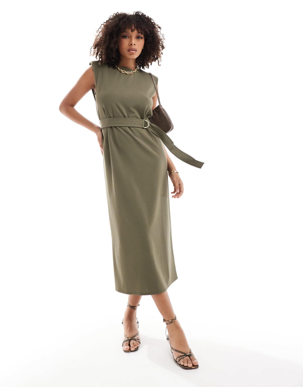 ASOS DESIGN sleeveless shoulder pad midi dress with belt in khaki