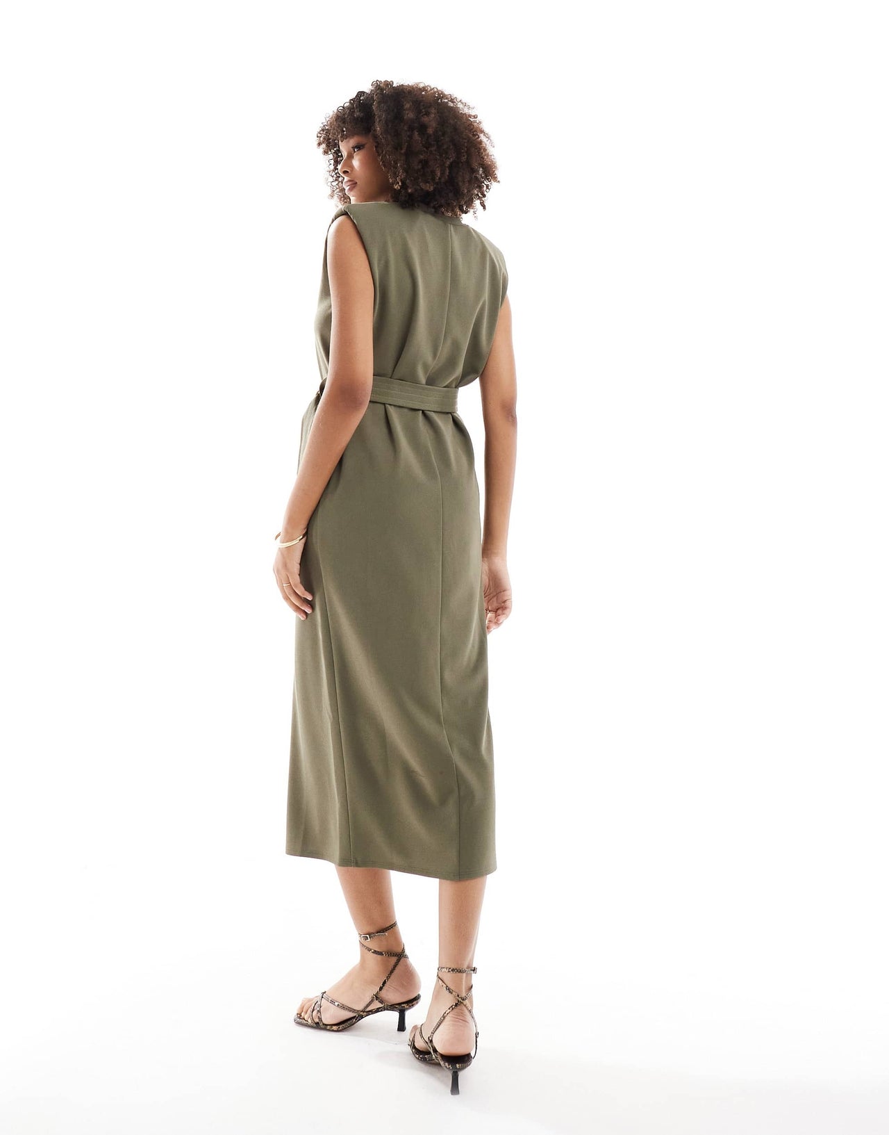 ASOS DESIGN sleeveless shoulder pad midi dress with belt in khaki