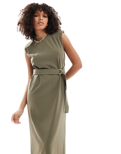 ASOS DESIGN sleeveless shoulder pad midi dress with belt in khaki