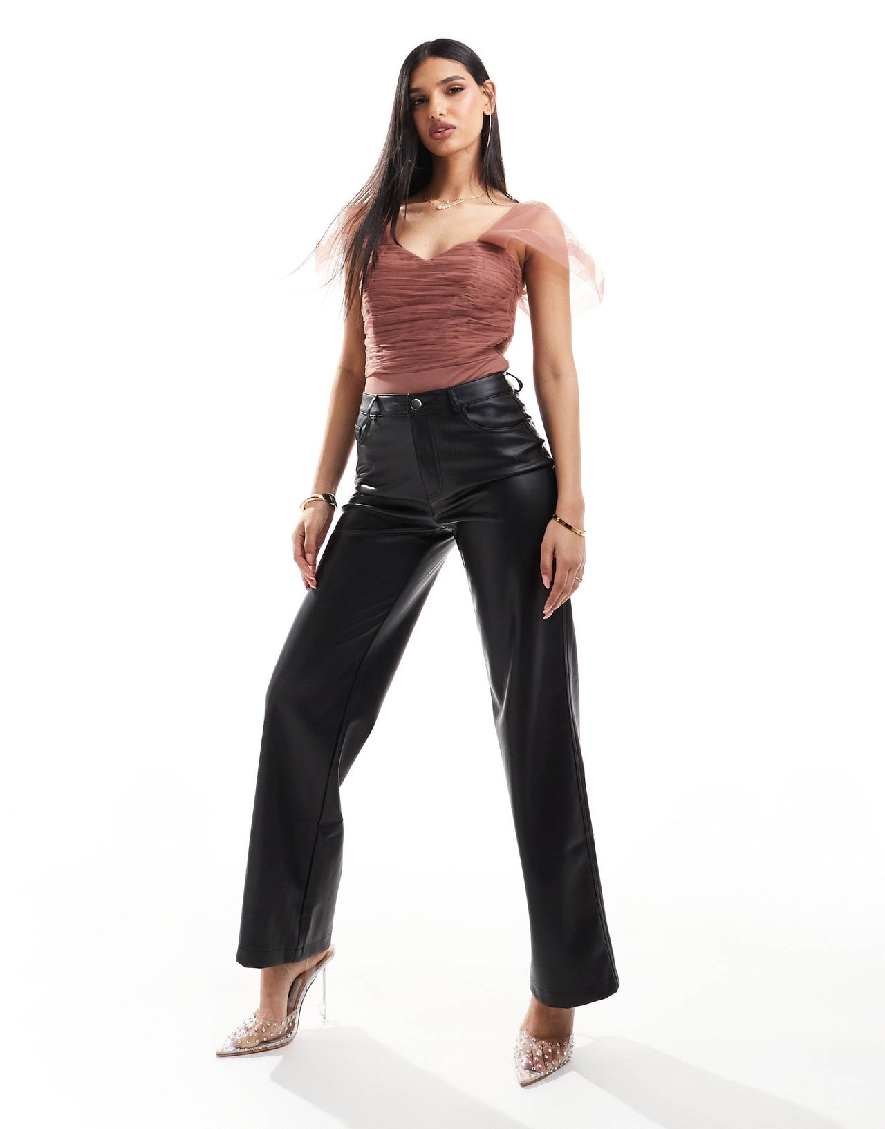 Lace & Beads tulle bardot bodysuit in rose brown