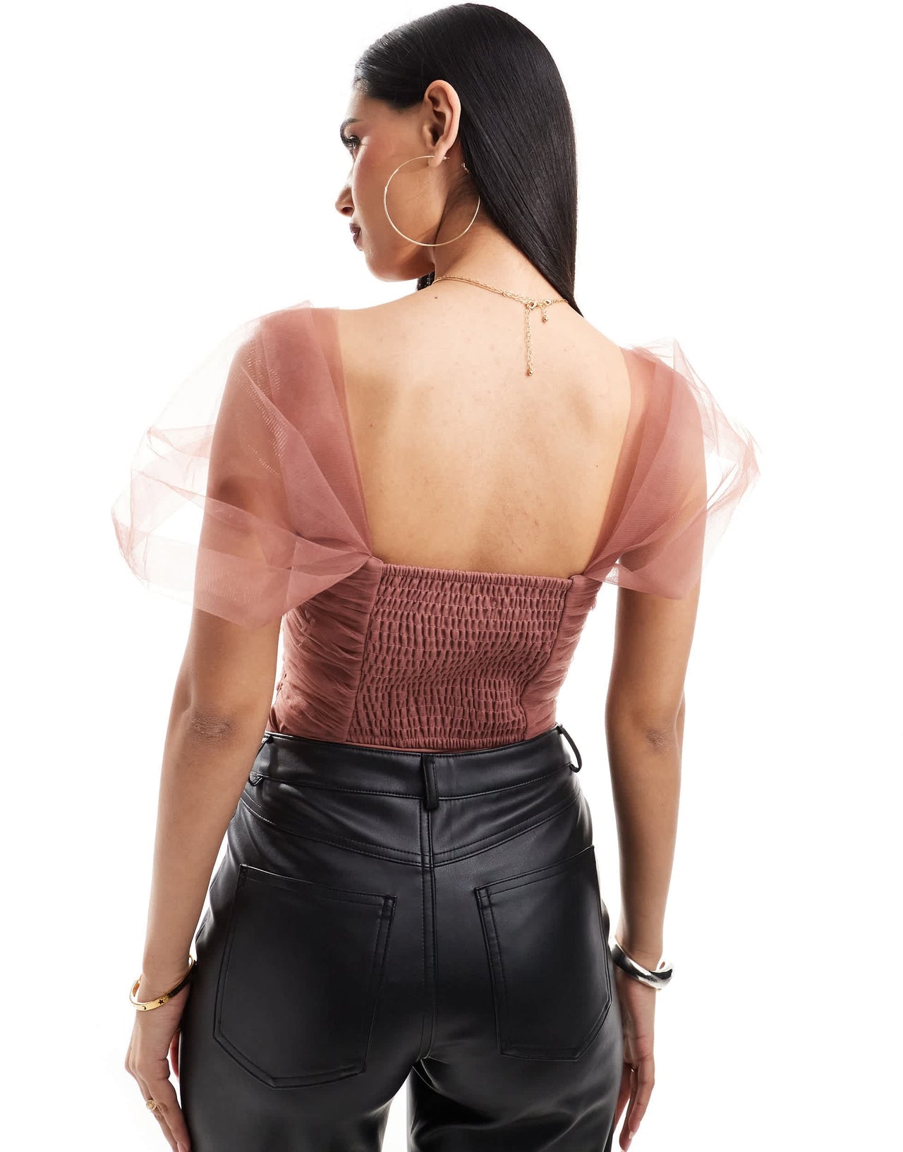 Lace & Beads tulle bardot bodysuit in rose brown